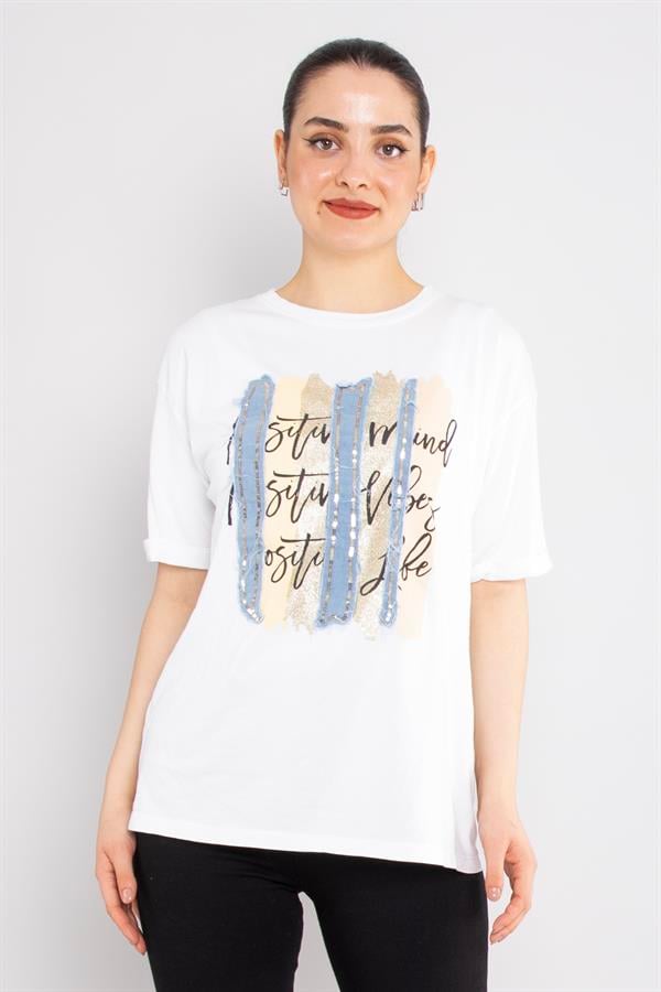 4632 Şerit Kotlu Yaldızlı Pullu Bisiklet Yaka Kısa Kol Tshirt