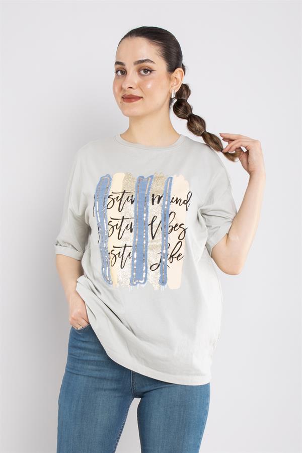 4632 Şerit Kotlu Yaldızlı Pullu Bisiklet Yaka Kısa Kol Tshirt