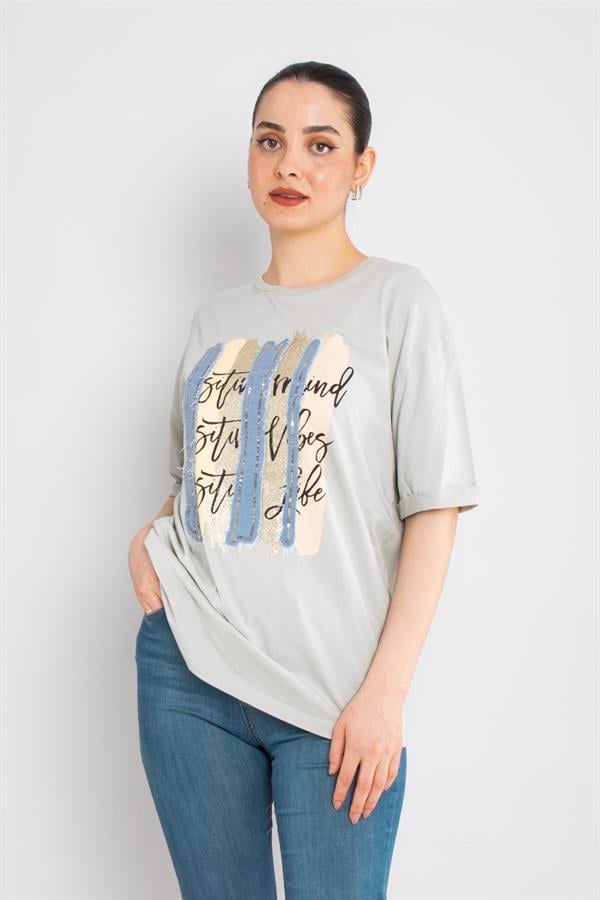 4632 Şerit Kotlu Yaldızlı Pullu Bisiklet Yaka Kısa Kol Tshirt