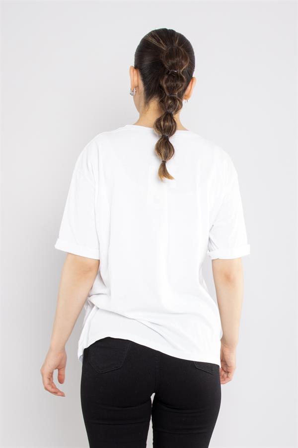 4632 Şerit Kotlu Yaldızlı Pullu Bisiklet Yaka Kısa Kol Tshirt