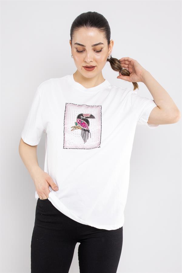 4661 Taşlı Papağan Baskı Bisiklet Yaka Kısa Kol Tshirt