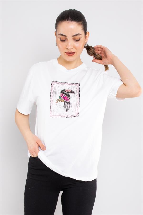 4661 Taşlı Papağan Baskı Bisiklet Yaka Kısa Kol Tshirt