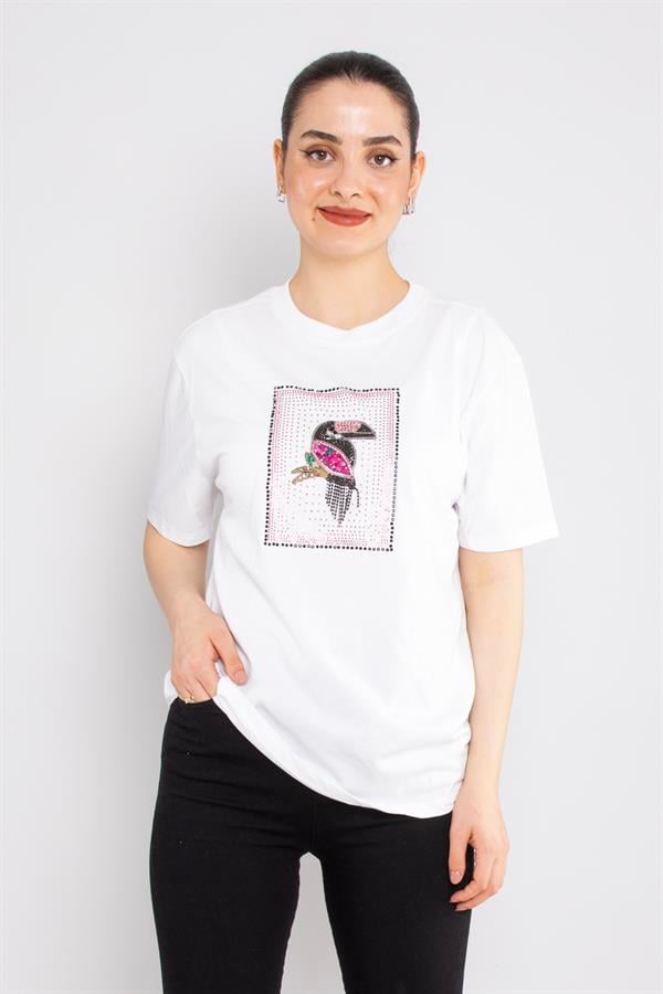 4661 Taşlı Papağan Baskı Bisiklet Yaka Kısa Kol Tshirt