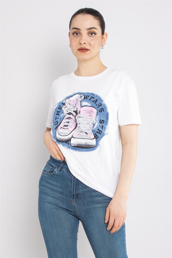 4666 Taşlı Ayakkabı Baskı Bisiklet Yaka Pamuklu Tshirt