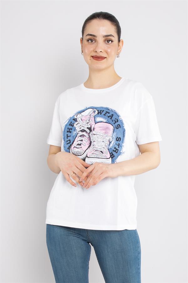 4666 Taşlı Ayakkabı Baskı Bisiklet Yaka Pamuklu Tshirt