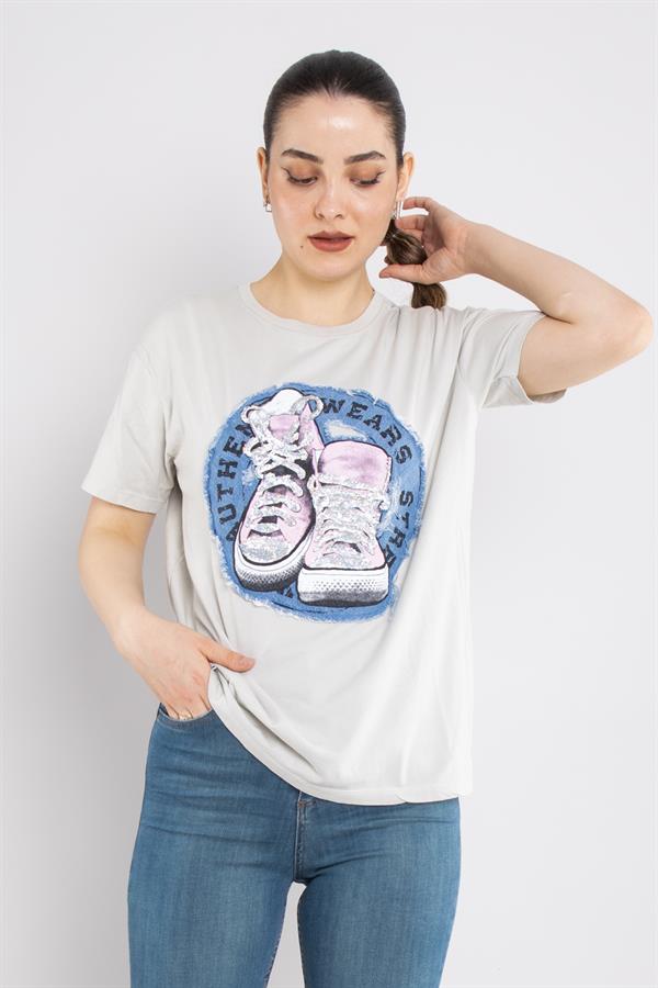 4666 Taşlı Ayakkabı Baskı Bisiklet Yaka Pamuklu Tshirt