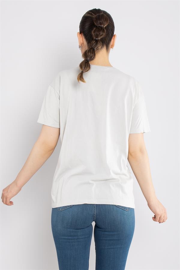 4666 Taşlı Ayakkabı Baskı Bisiklet Yaka Pamuklu Tshirt