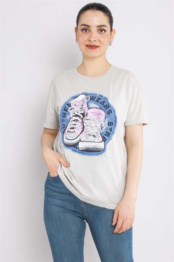 4666 Taşlı Ayakkabı Baskı Bisiklet Yaka Pamuklu Tshirt