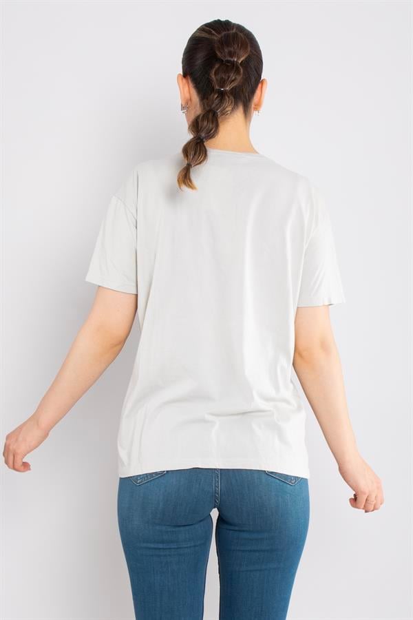 4666 Taşlı Ayakkabı Baskı Bisiklet Yaka Pamuklu Tshirt