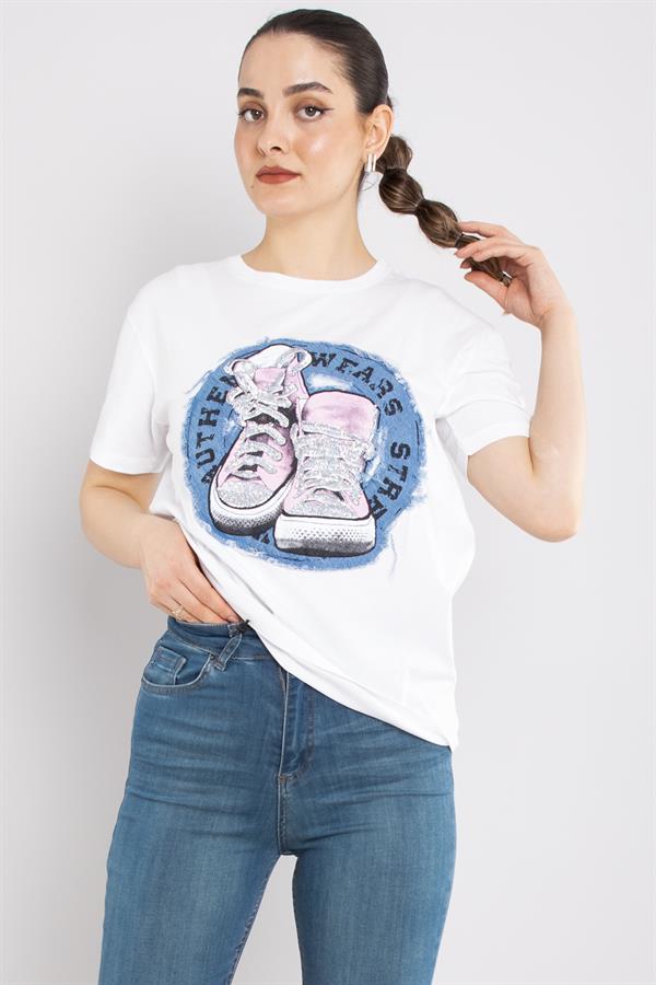 4666 Taşlı Ayakkabı Baskı Bisiklet Yaka Pamuklu Tshirt