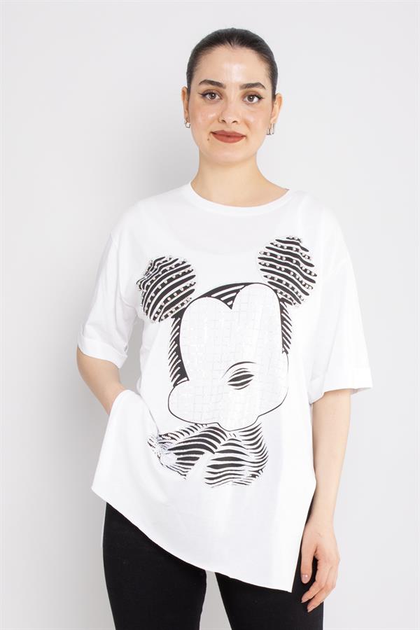 4680 Taşlı Yırtmaçlı Micky Bisiklet Yaka Pamuklu Tshirt