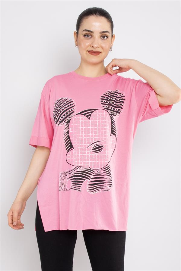 4680 Taşlı Yırtmaçlı Micky Bisiklet Yaka Pamuklu Tshirt
