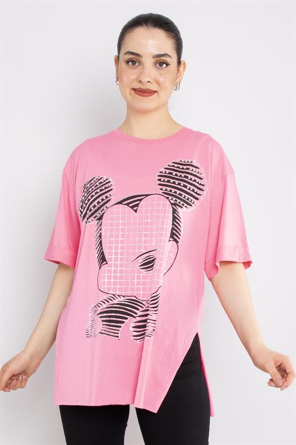 4680 Taşlı Yırtmaçlı Micky Bisiklet Yaka Pamuklu Tshirt