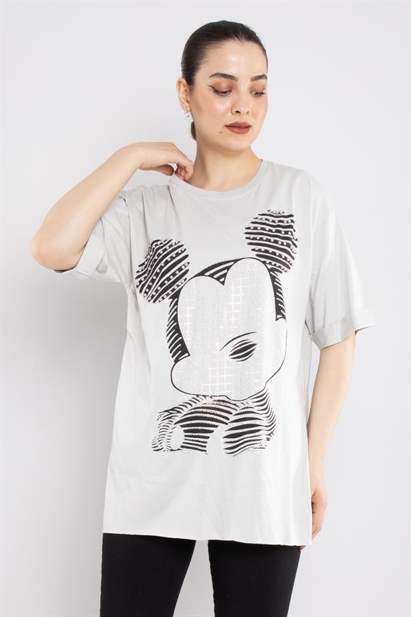 4680 Taşlı Yırtmaçlı Micky Bisiklet Yaka Pamuklu Tshirt