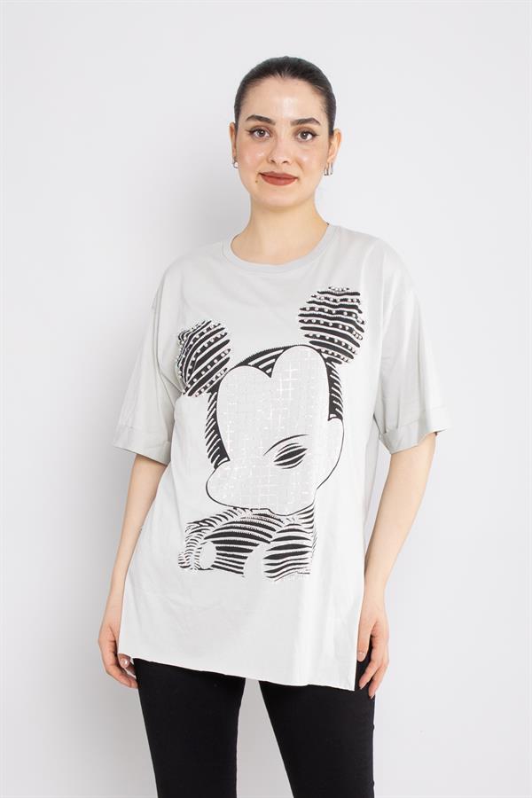 4680 Taşlı Yırtmaçlı Micky Bisiklet Yaka Pamuklu Tshirt
