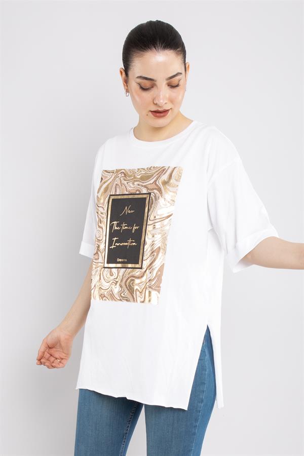 4689 Varaklı Pano Zigzag Yaldızlı Yanı Yırtmaçlı Kısa Kol Tshirt