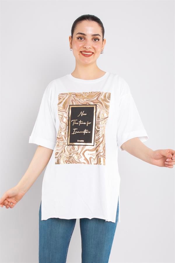 4689 Varaklı Pano Zigzag Yaldızlı Yanı Yırtmaçlı Kısa Kol Tshirt