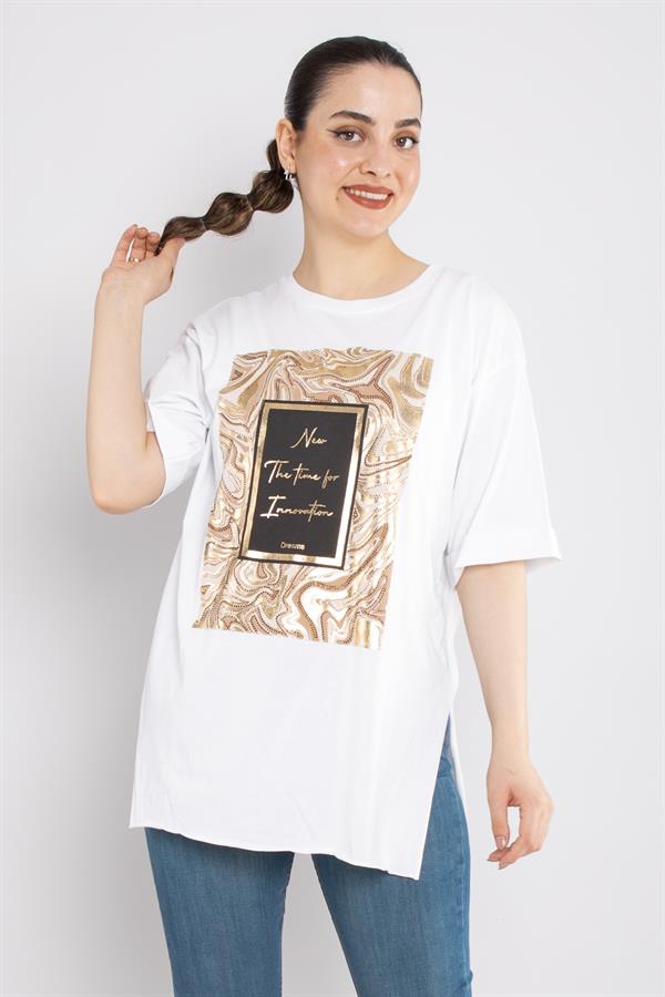 4689 Varaklı Pano Zigzag Yaldızlı Yanı Yırtmaçlı Kısa Kol Tshirt