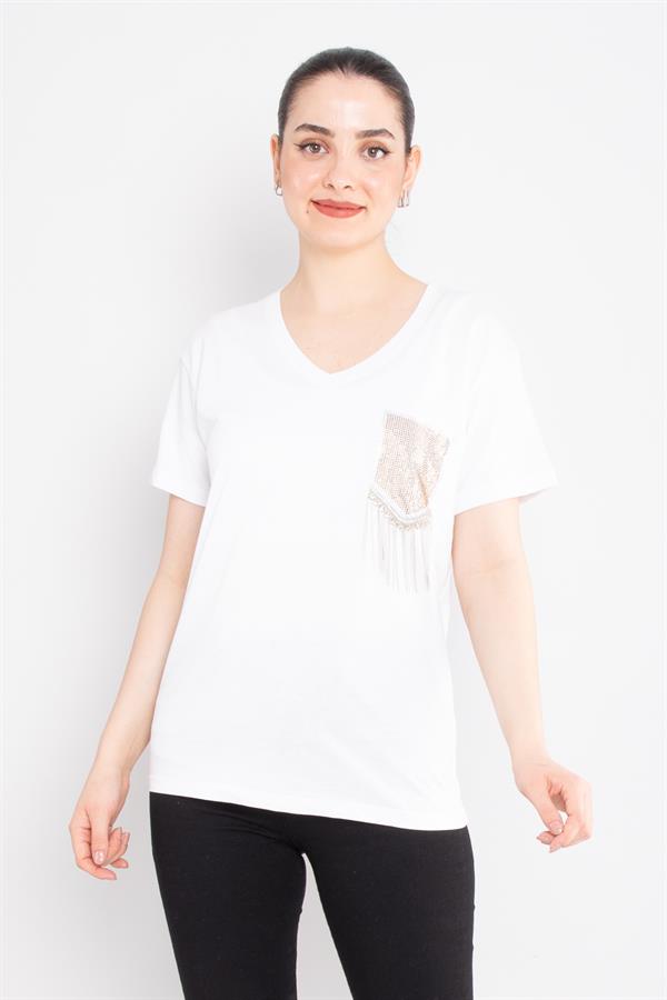 4709 Vyaka Taşlı Cep Pamuklu Tshirt
