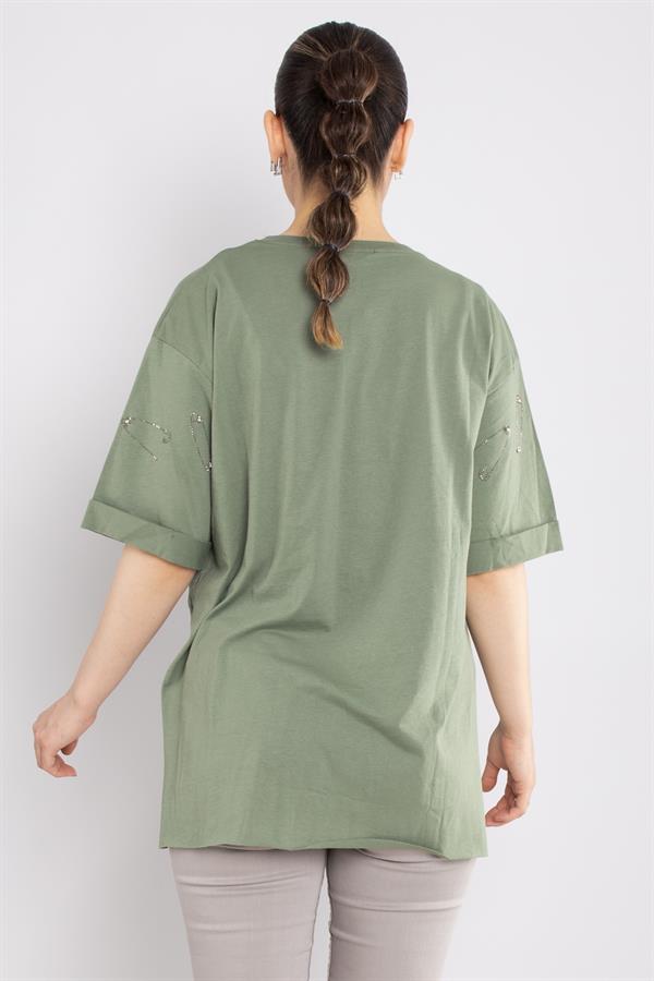 4712 (7711) Çengelli İğne Taşlı Bisiklet Yaka Pamuk Tshirt
