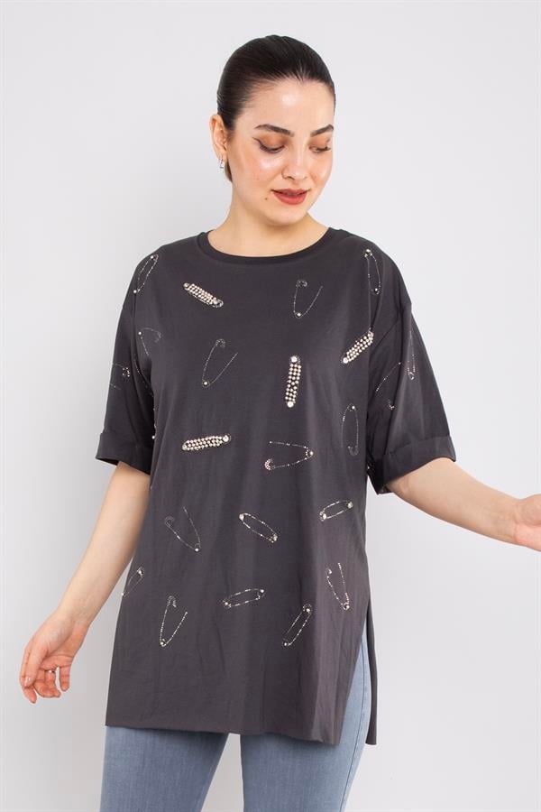 4712 (7711) Çengelli İğne Taşlı Bisiklet Yaka Pamuk Tshirt