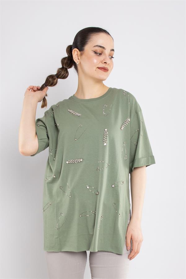 4712 (7711) Çengelli İğne Taşlı Bisiklet Yaka Pamuk Tshirt