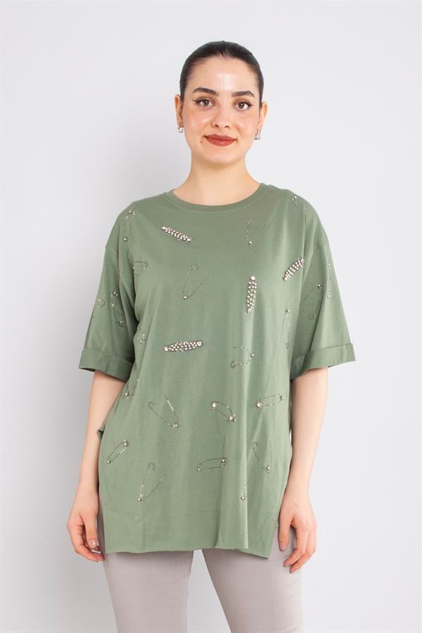 4712 (7711) Çengelli İğne Taşlı Bisiklet Yaka Pamuk Tshirt