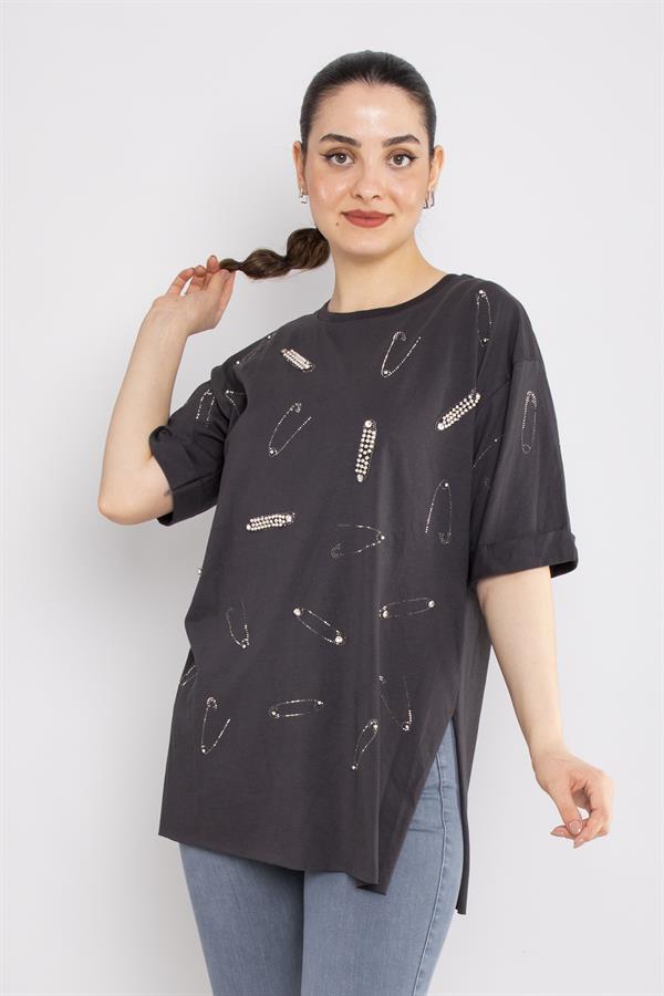4712 (7711) Çengelli İğne Taşlı Bisiklet Yaka Pamuk Tshirt