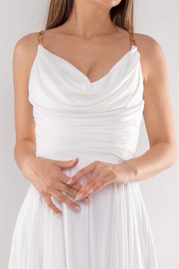 5022 Bel Drape Şal Yaka Saten Kloş Uzun Elbise