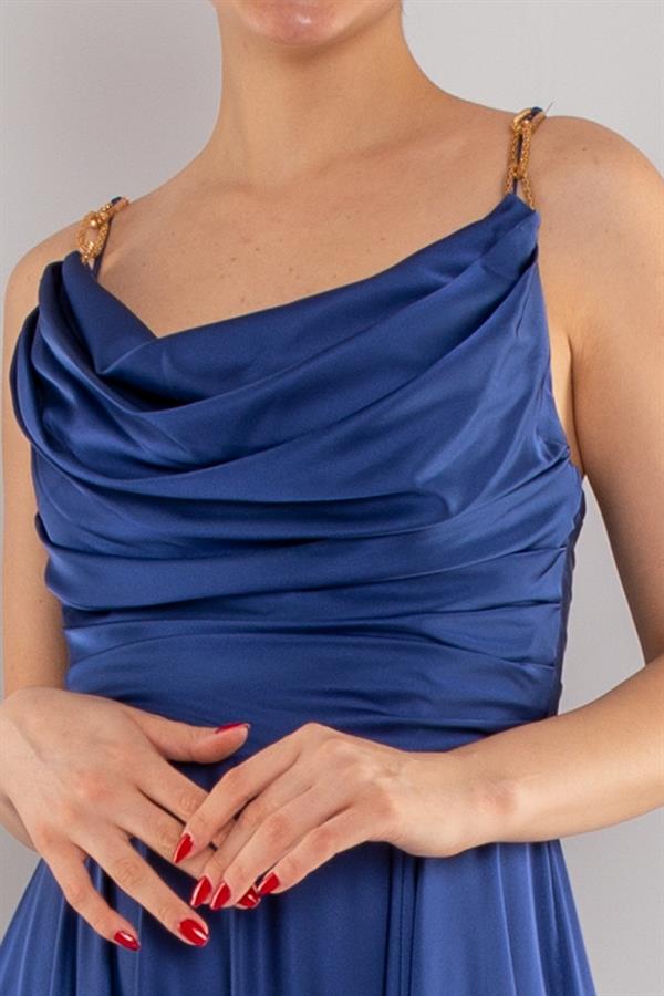 5022 Bel Drape Şal Yaka Saten Kloş Uzun Elbise