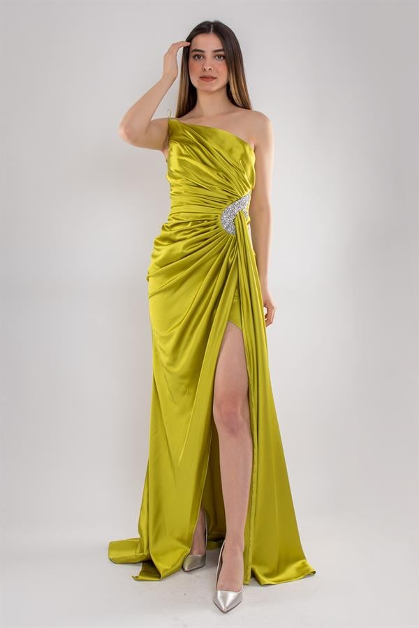 5029 Tek Omuz Beli Drape Taş Detay Uzun Saten Elbise