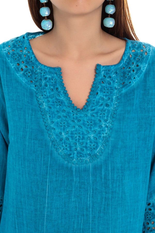 503 Yakası Eteği Kol Ucu Fistolu Batik Keten Bluz