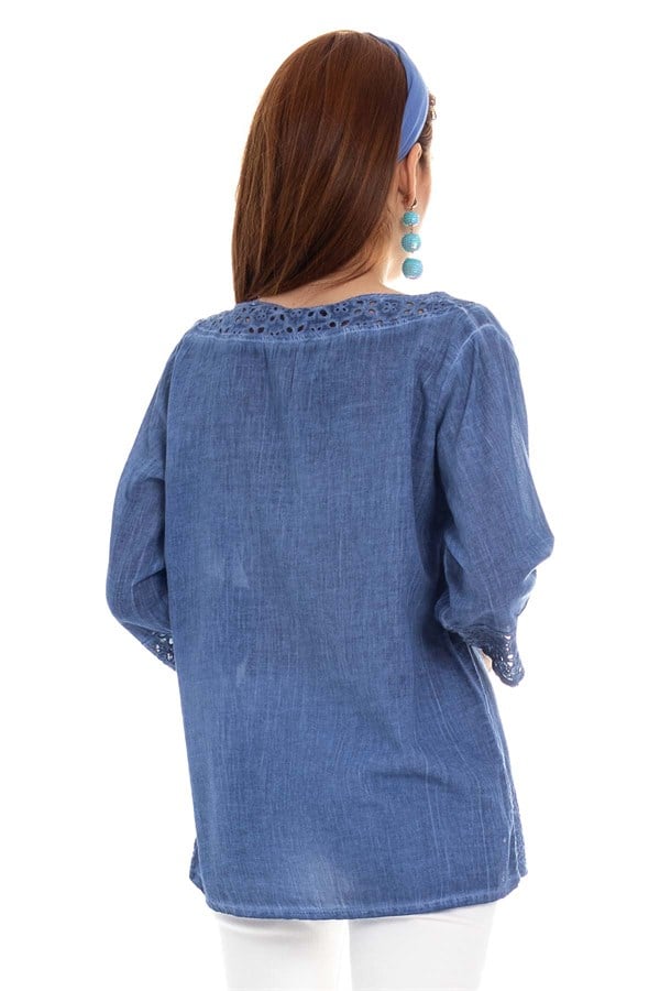 503 Yakası Eteği Kol Ucu Fistolu Batik Keten Bluz