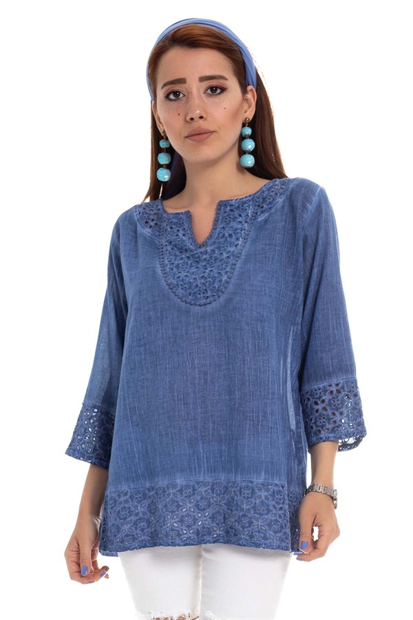 503 Yakası Eteği Kol Ucu Fistolu Batik Keten Bluz