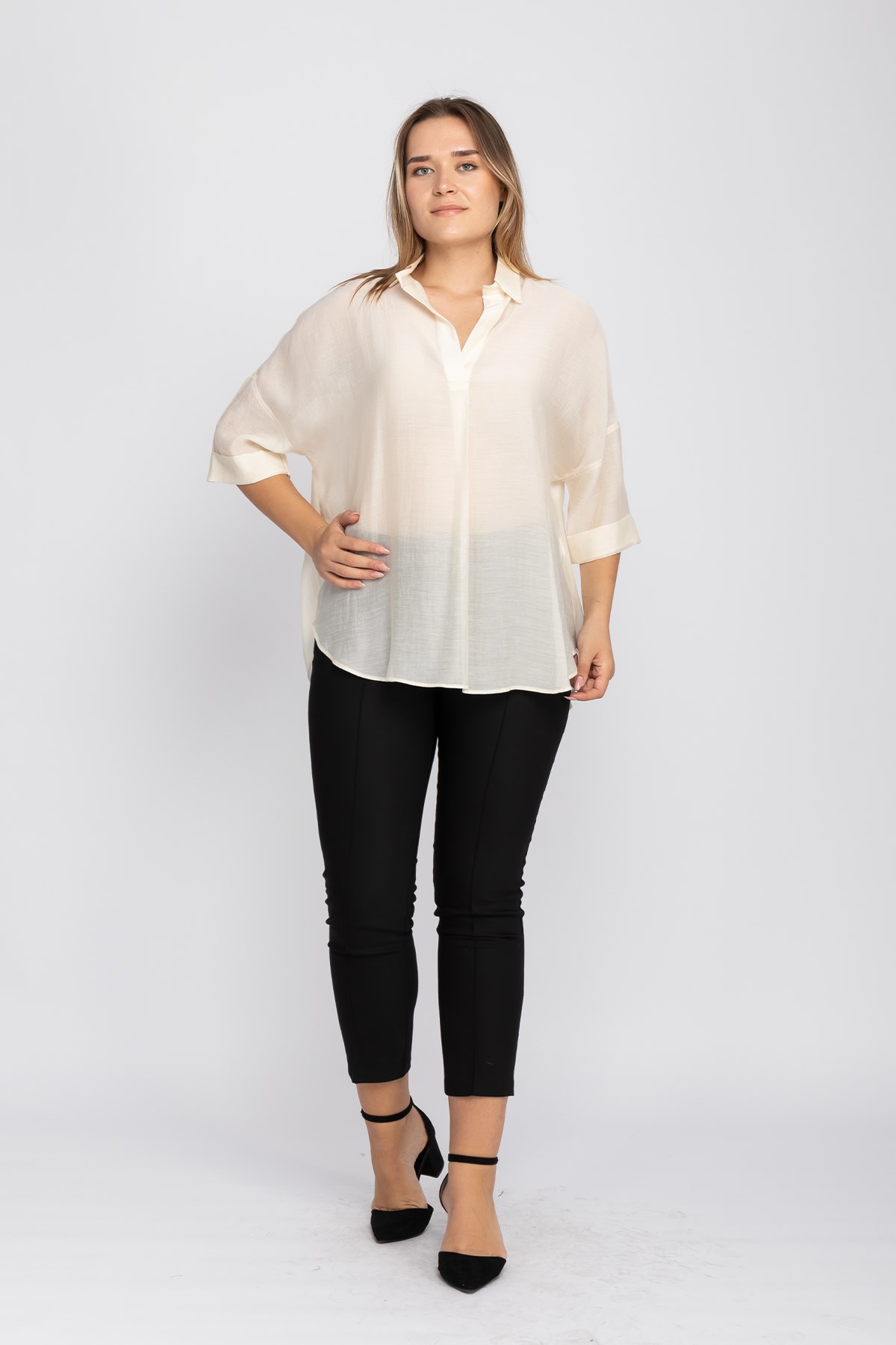50466 Tencel Kumaş Düşük Kol Gömlek