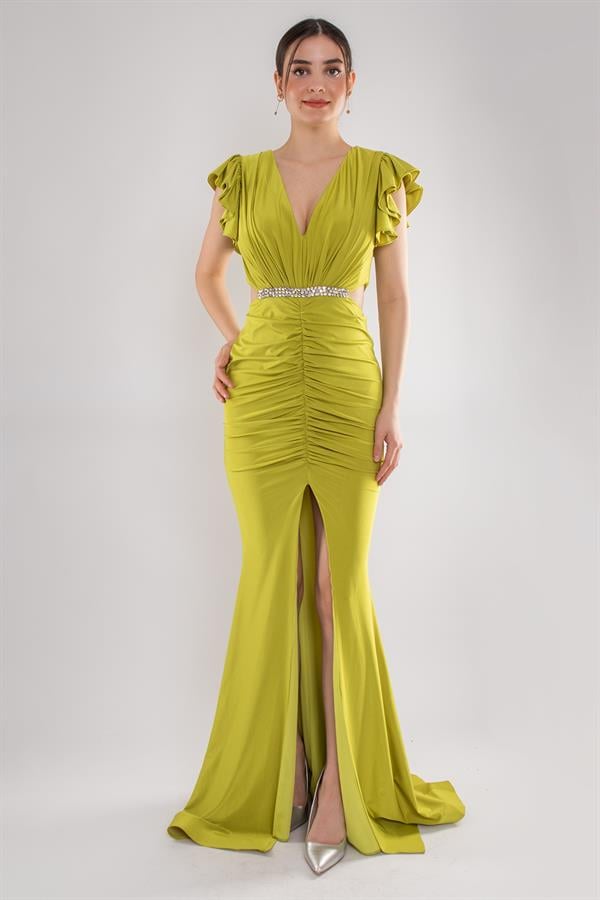 5047 Likralı Kristal Buzi Beli Taşlı Eteği Drape Uzun Elbise