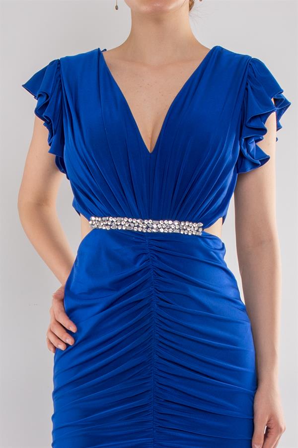 5047 Likralı Kristal Buzi Beli Taşlı Eteği Drape Uzun Elbise