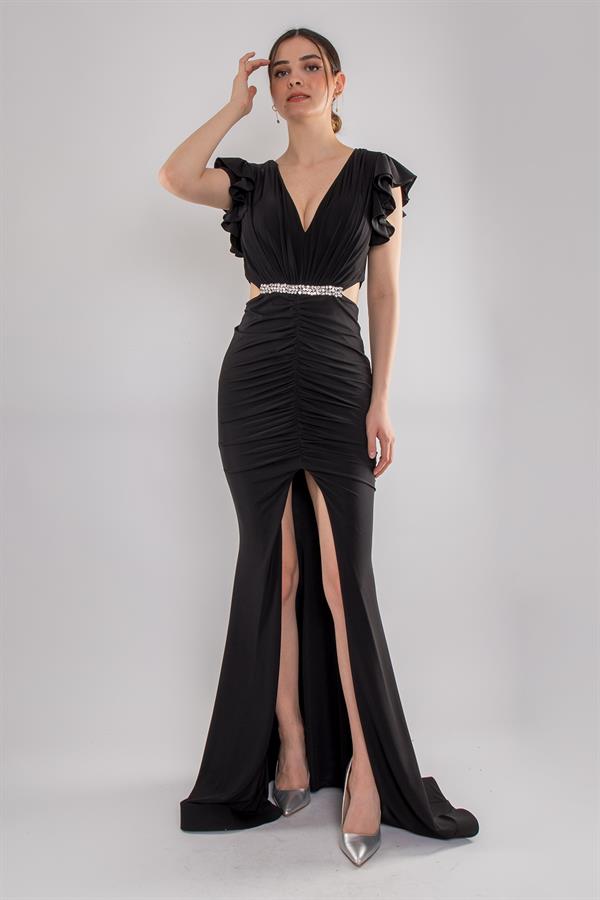 5047 Likralı Kristal Buzi Beli Taşlı Eteği Drape Uzun Elbise