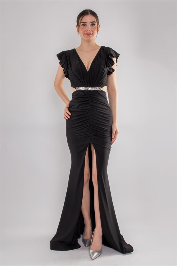 5047 Likralı Kristal Buzi Beli Taşlı Eteği Drape Uzun Elbise