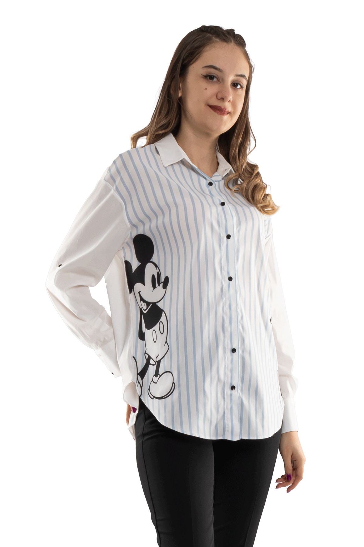 Çizgili Mickey Mouse Desenli Kadın Gömlek