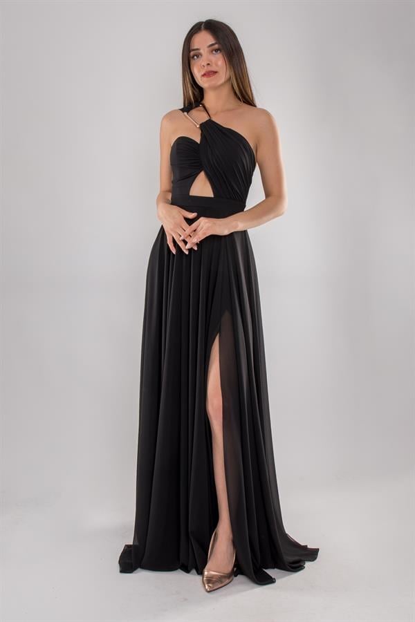 5073 Omuz Tokalı Helen Model Şifon Uzun Elbise