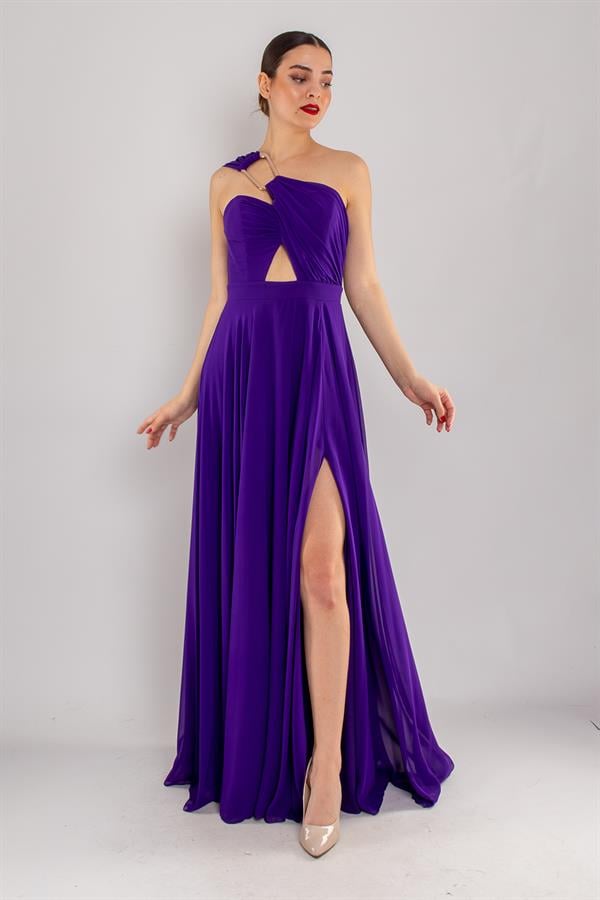 5073 Omuz Tokalı Helen Model Şifon Uzun Elbise
