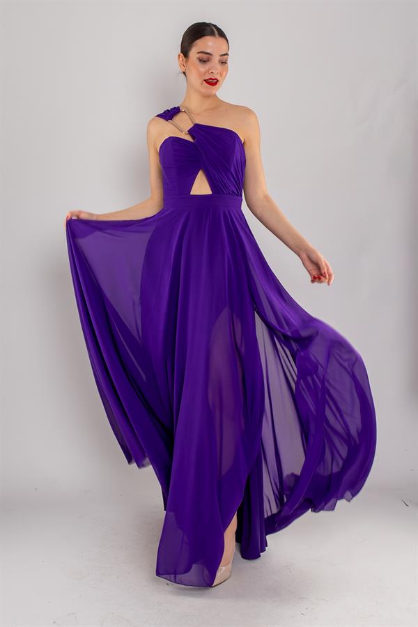 5073 Omuz Tokalı Helen Model Şifon Uzun Elbise