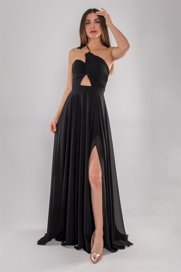 5073 Omuz Tokalı Helen Model Şifon Uzun Elbise