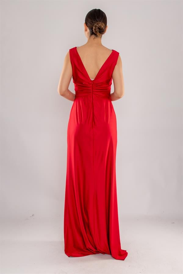 510 Kruvaze Yaka Beli Drape Boncuklu Kristal Buzi Uzun Elbise
