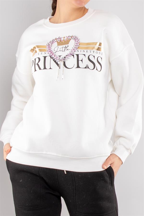5113 Taşlı Prenses Bisiklet Yaka İçi Şardonlu Sweatshirt