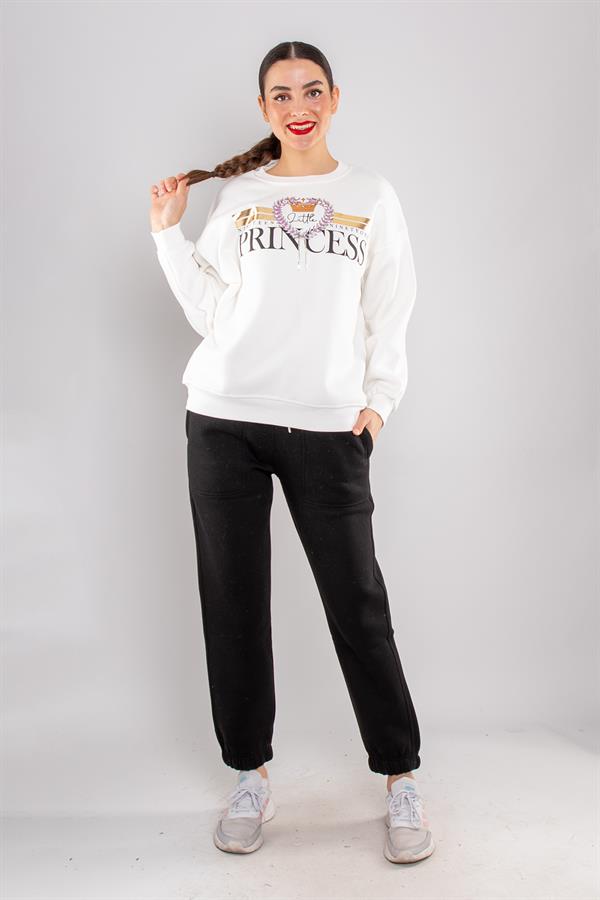 5113 Taşlı Prenses Bisiklet Yaka İçi Şardonlu Sweatshirt