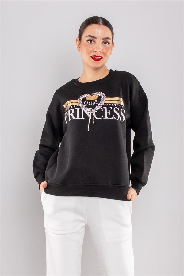 5113 Taşlı Prenses Bisiklet Yaka İçi Şardonlu Sweatshirt