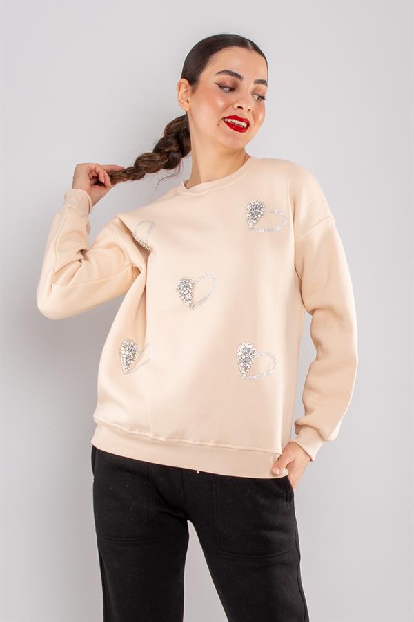 5124 Taşlı Kalp Baskı Bisiklet Yaka İçi Şardonlu Sweatshirt