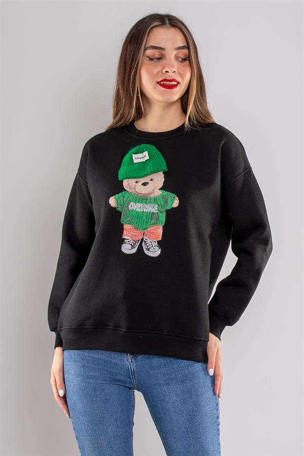5138 Triko Şapkalı Ayıcık Baskı içi Şardonlu Sweat